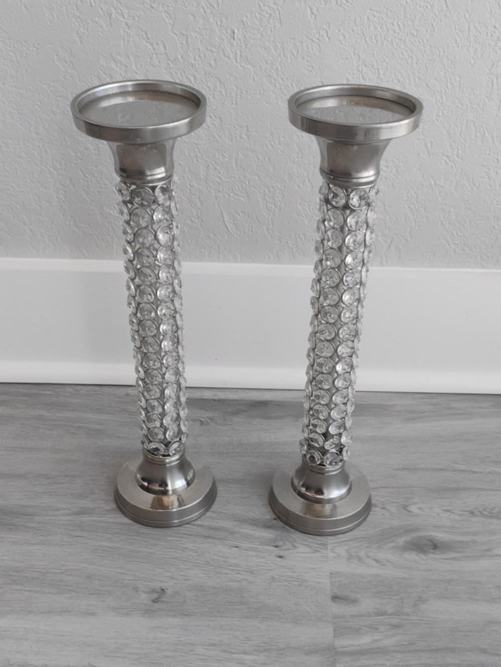 Tahari Home Silver & Rhinestone Crystal Column Pillar Candle Holders (Set of 2)